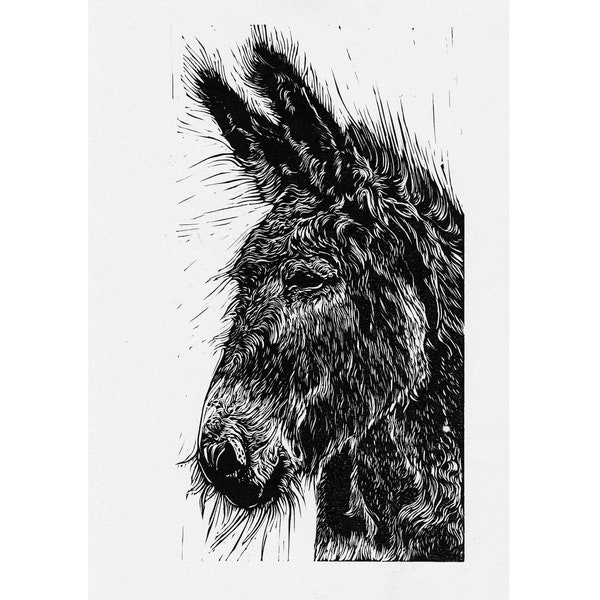 Donkey// Original A4 Linogravure imprimée, animal de compagnie, portrait d’animal imprimé à la main dans des matériaux de qualité, cadeau, écologique, art, impression, mur de galerie