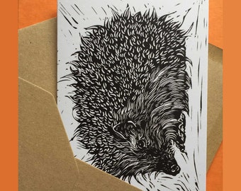 Hedgehog card// Original illustration, handprinted linocut, recycled, celebration, animal, print, art card, wildlife, blank card, garden