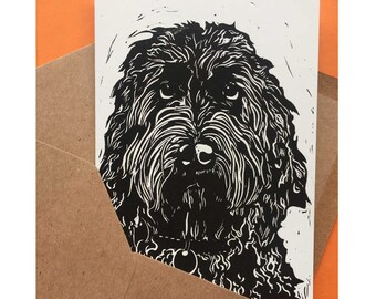 Cockapoo Dog Card: Original Linocut Art, Recycled Paper