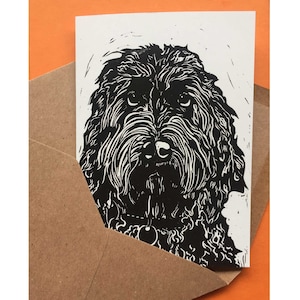 Tarjeta de Cockapoo // Ilustración original, linograbado a mano, papel reciclado, celebración, perro, impresión, tarjeta artística, cachorro, cumpleaños, tarjeta en blanco