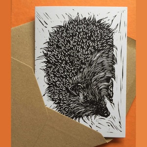 Tarjeta de erizo // Ilustración original, linograbado impreso a mano, reciclado, celebración, animal, impresión, tarjeta artística, vida silvestre, tarjeta en blanco, jardín