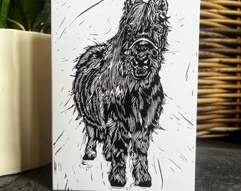 Cute shetland Pony Art greeting card: Handprinted Linocut horse Illustration