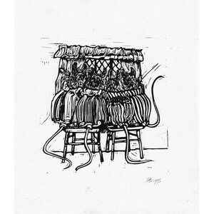 May include: Black and white woodcut print of a group of mice sitting on stools under a canopy. The mice are looking out of a window. The print is signed "Briggs" in the lower right corner.