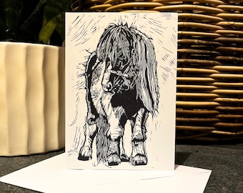 Shetland Pony Art Card: Handprinted Linocut horse Illustration