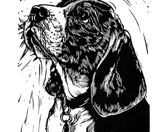 Beagle Dog Linocut Print: Original Hand-Printed Pet Portrait