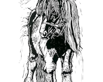 Shetland Pony Linocut Print: Hand-Carved Equine Art