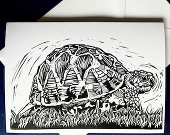 Tortoise Art Card: Original Linocut Illustration, Recycled Card