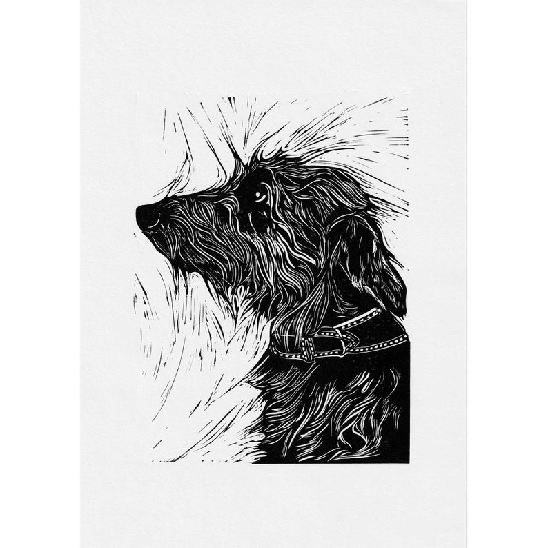 May include: Black and white linocut print of a dog wearing a collar. The dog is looking to the right and has a shaggy coat.