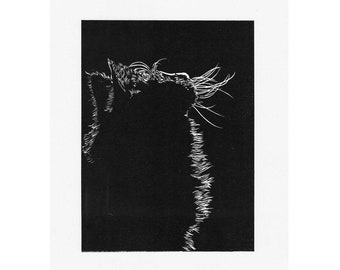 Cat in shadow //Original Linocut print, pet portrait handprinted in quality materials, kitten, art, gift, crazy cat lady, eco, gallery wall