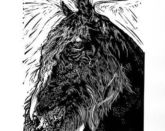 Guiness pony// Original Linocut print, pet portrait handprinted in quality materials