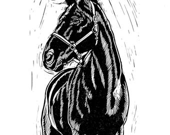 Thoroughbred Horse Lino Print: Hand-Printed Equine Illustration