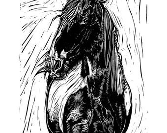 Shire horse // Original Linocut print, pet portrait handprinted in quality materials