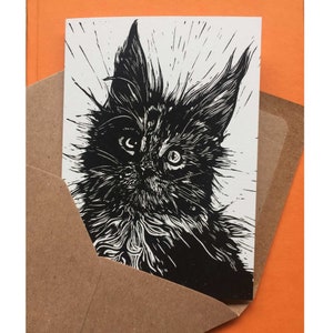 Tarjeta de gatito // Ilustración original, linograbado a mano, papel reciclado, celebración, gato, impresión, tarjeta artística, gatito, cumpleaños, tarjeta en blanco