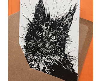 Kitten card// Original illustration, handprinted linocut, recycled paper, celebration, cat, print, art card, kitten, birthday, blank card