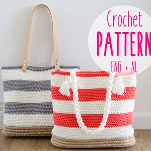 Crochet pattern bag shopper beach bag - Crochet pattern striped bag - English & Dutch - Lining instructions included