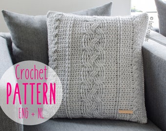 Crochet pattern pillow cable - Crochet pattern cable pillow - Pattern cable cushion - Pattern cable pillow cover - English and Dutch