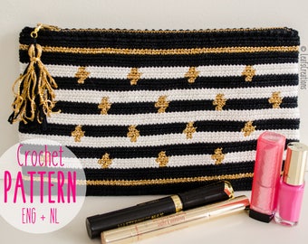 Crochet pattern Mochila clutch in black, white and gold - Tapestry crochet pattern English & Dutch - Lining instructions included