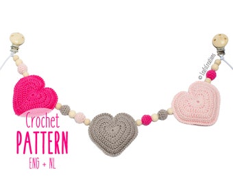 Crochet pattern stroller chain with hearts - Crochet pattern stroller toy with hearts