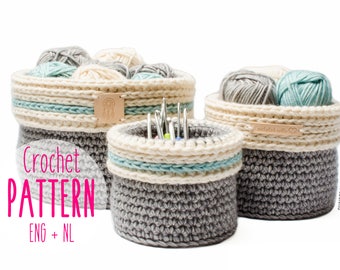 Crochet pattern baskets with fold over (3 sizes included) - Pattern crocheted storage baskets - English and Dutch