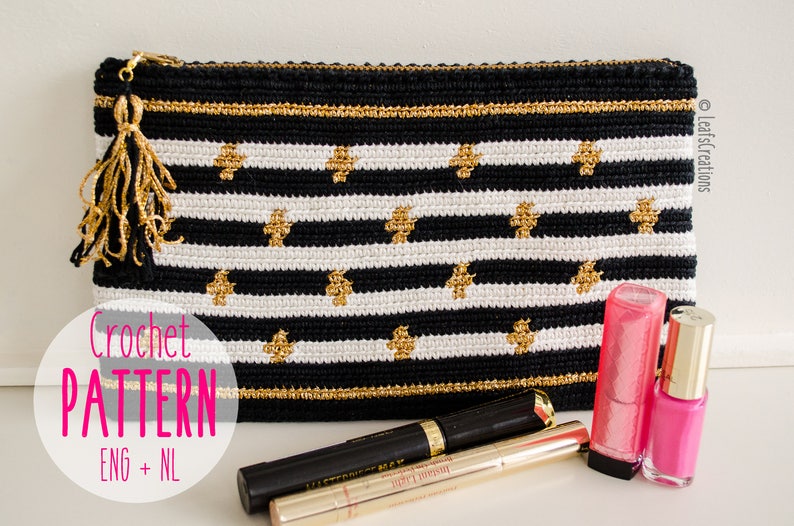 Crochet pattern Mochila clutch in black, white and gold Tapestry crochet pattern English & Dutch Lining instructions included image 1