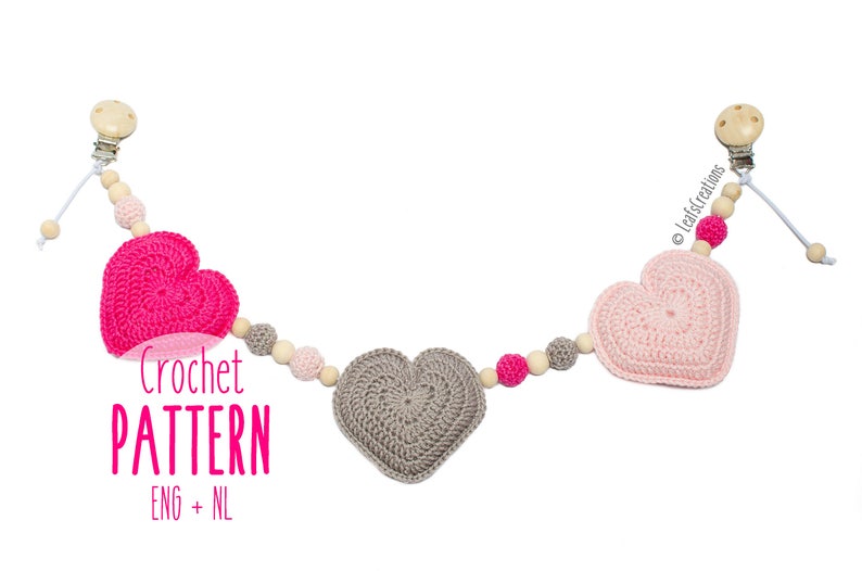 Crochet pattern stroller chain with hearts Crochet pattern stroller toy with hearts image 1