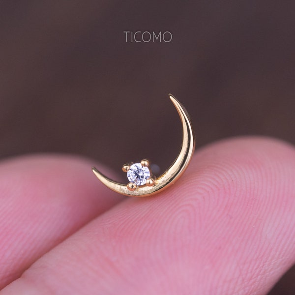 Minimalist Moon Zircon Cartilage Earring 16g Helix Earring Helix Piercing Cartilage Stud Cartilage Piercing Conch Piercing