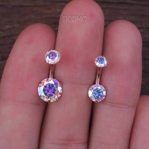 Minimalist Belly Ring Belly Button Ring Belly Button Jewelry Double Zircon Short Bar Small Size 6 8 10 mm Rainbow image 6