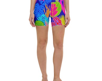 Vibrant High Waisted Shorts - Cute Workout Clothes - Colorful Stretchy Shorts - Patterned Shorts