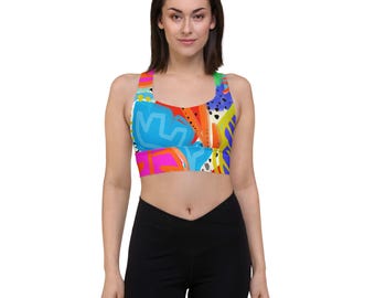 Vibrant Longline Sports Bra - Patterned Sports Bra - Abstract Art Gym Wear - Multicolor Sports Bra