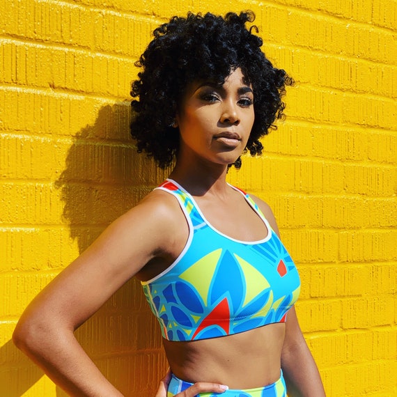 Blue and Yellow Geometric Print Sports Bra Stretchy Sports Bra Comfy Sports  Bra Women's Sports Bra Patterned Sports Bra 