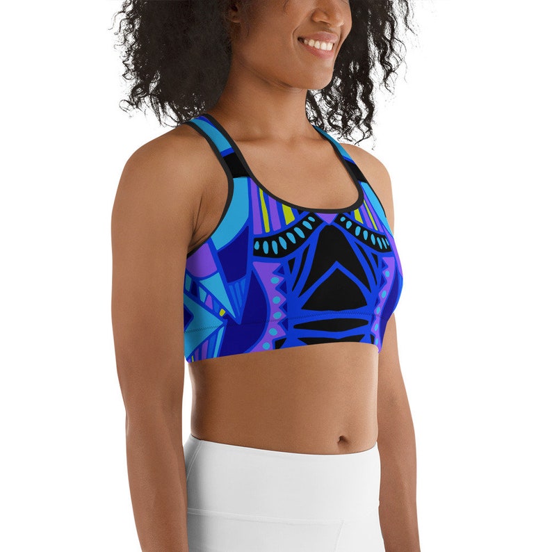 African Geometric Print Sports Bra Blue and black sports bra Stretchy sports bra Sports bra Women's sports bra Patterned sports bra image 6