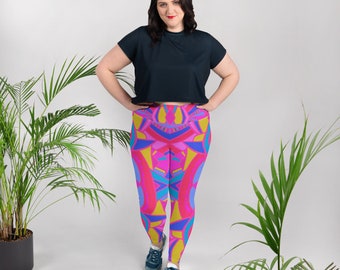 Pink Geometric Print High Waist Plus-Size Leggings