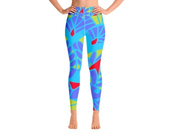 Blue and Yellow Geometric Print High Waist Leggings