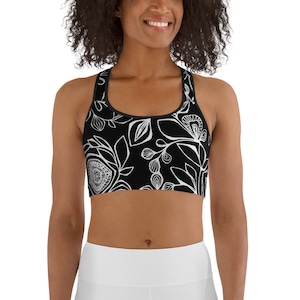 Black and white floral Print Sports Bra - Black and white sports bra - Stretchy sports bra - Comfy sports bra - Women&#39;s sports bra