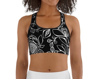 Black and white floral Print Sports Bra - Black and white sports bra - Stretchy sports bra - Comfy sports bra - Women's sports bra