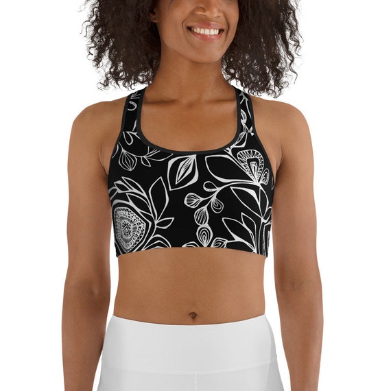 Black and White Floral Print Sports Bra Black and White Sports Bra Stretchy Sports  Bra Comfy Sports Bra Women's Sports Bra 