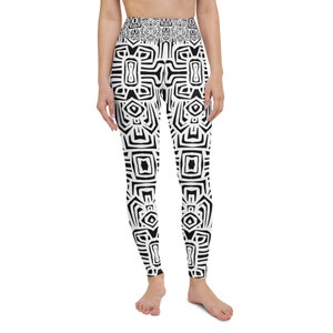 Schwarz und Weiß Afrikanischer Print Geometrische High Waist Leggings Bild 2