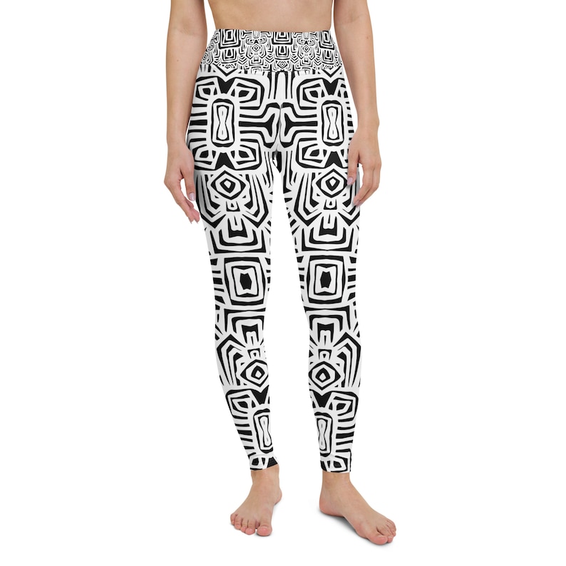 Schwarz und Weiß Afrikanischer Print Geometrische High Waist Leggings Bild 2