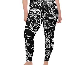 Black and white floral Print Plus-Size Leggings - Plus size leggings - High waist leggings - Comfy leggings - Colorful leggings