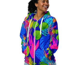Colorful Zip-up Hoodie - Vibrant Sweatshirt - Blue Floral Sweatshirt - Happy Colors - Abstract Art Hoodie - Unisex Hoodie