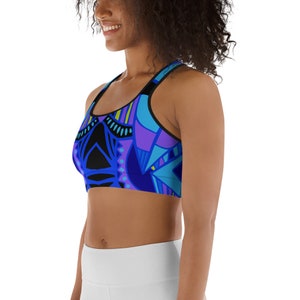 African Geometric Print Sports Bra Blue and black sports bra Stretchy sports bra Sports bra Women's sports bra Patterned sports bra image 5