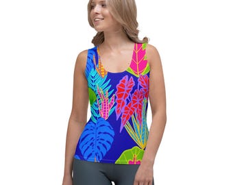 Tropical Leaf Print Tank Top: Colorful Ocean-Inspired Design