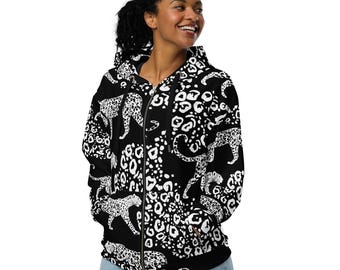 Black Animal Print Zip-up Hoodie - Black and White Unisex Hoodie - Patterned Hoodie - Hooded Sweatshirt