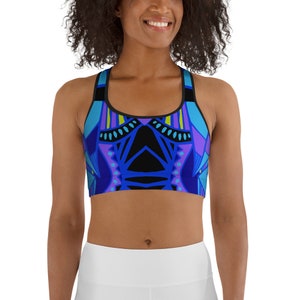 African Geometric Print Sports Bra Blue and black sports bra Stretchy sports bra Sports bra Women's sports bra Patterned sports bra image 3