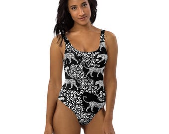 Black Jaguar One-Piece Swimsuit - Black & White Animal Print Activewear