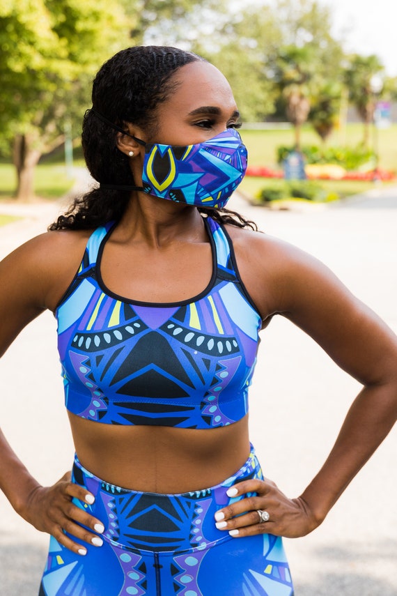 African Geometric Print Sports Bra Blue and Black Sports Bra