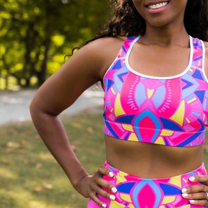 Pink Geometric Print Sports Bra - Pink sports bra - Stretchy sports bra - Comfy sports bra - Women's sports bra - Patterned sports bra