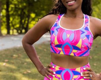 Pink Geometric Print Sports Bra - Pink sports bra - Stretchy sports bra - Comfy sports bra - Women's sports bra - Patterned sports bra