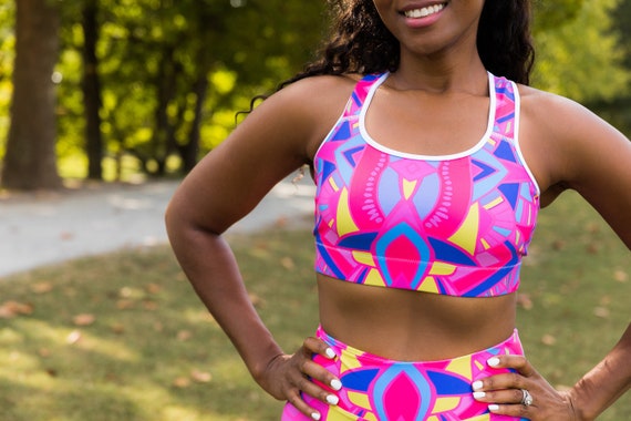 Pink Geometric Print Sports Bra Pink Sports Bra Stretchy Sports