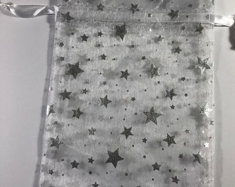 Silver stars on white organza bags 5"x7.5" and 4"x6.5" bulk drawstring white ribbon wedding favor gift bags shower gift bags jewelry pouch